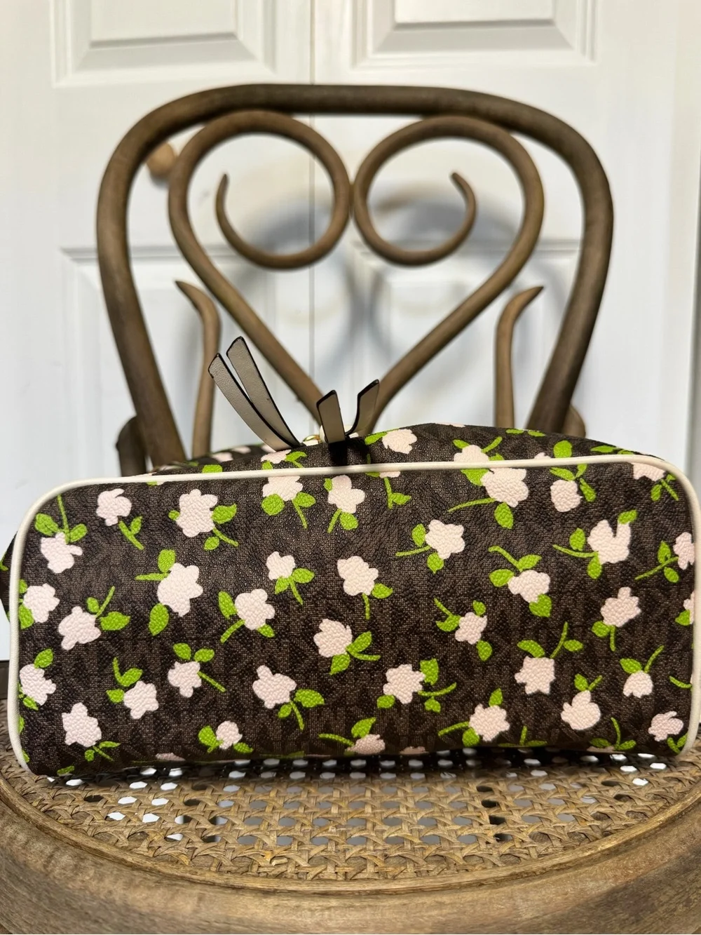 Michael Kors Brown Floral Mini Backpack with Pink Flowers & Green Leaves